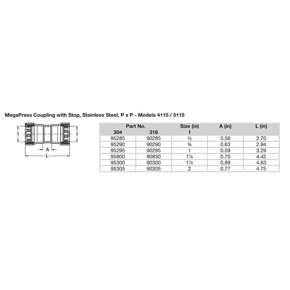 Viega MegaPress 1" Stainless Steel 304 Coupling w/Stop - Double Press Connection - Smart Connect Technology [95295]