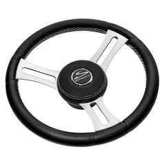 Schmitt Marine Torcello Elite 14" Wheel - Black Leather Cap - White Stitching - Polished SS Spokes - 3/4" Tapered Shaft [PU085241]