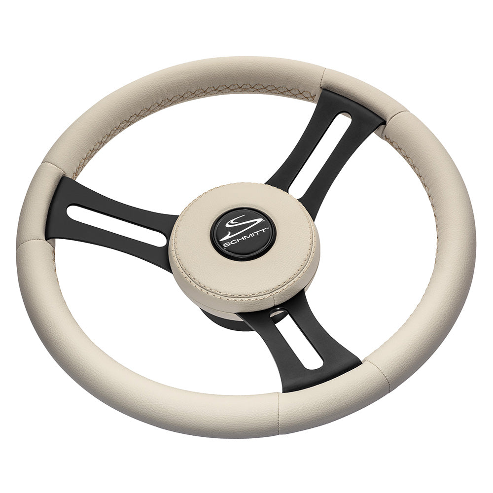 Schmitt Marine Torcello Elite 14" Wheel - Beige Leather Cap - White Stitching - Black SS Spokes - 3/4" Tapered Shaft [PU081B11]